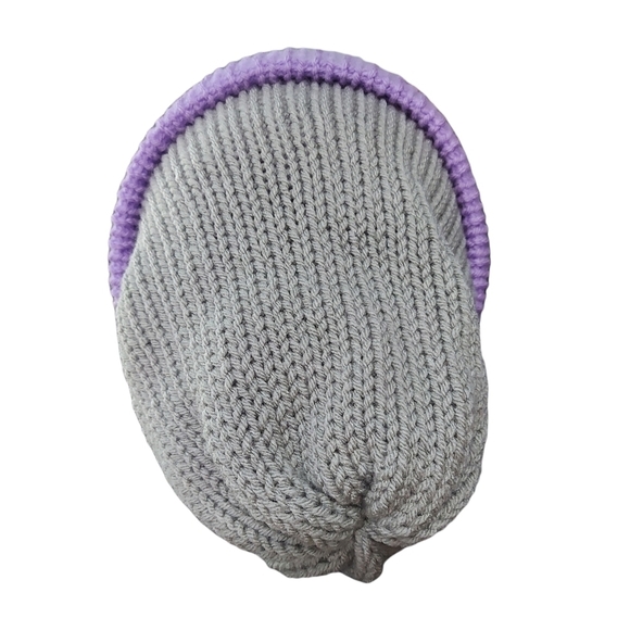 Hand Knit Unisex  Reversable Slouchy Hat In Shades Light Grey & Lilac - Picture 5 of 11